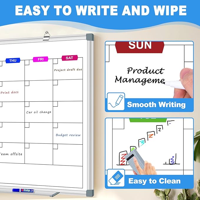 2 Pack Calendar Whiteboard for Wall 36" x 24", Magnetic Dry Erase Board Calendar for Wall, Monthly Wall Mounted White Board with Eraser & Marker & Magnet