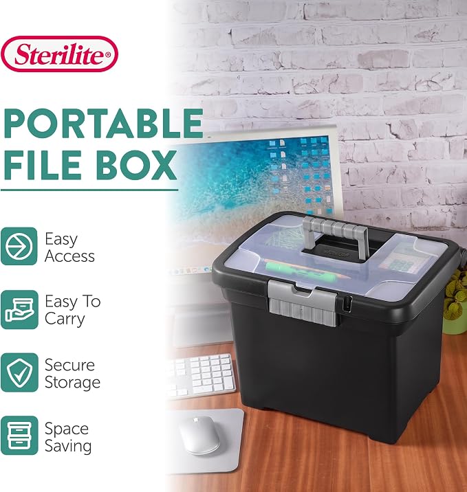 Sterilite Portable Lockable File Box Organizer with Handle and Clear Lid (12 Pack)