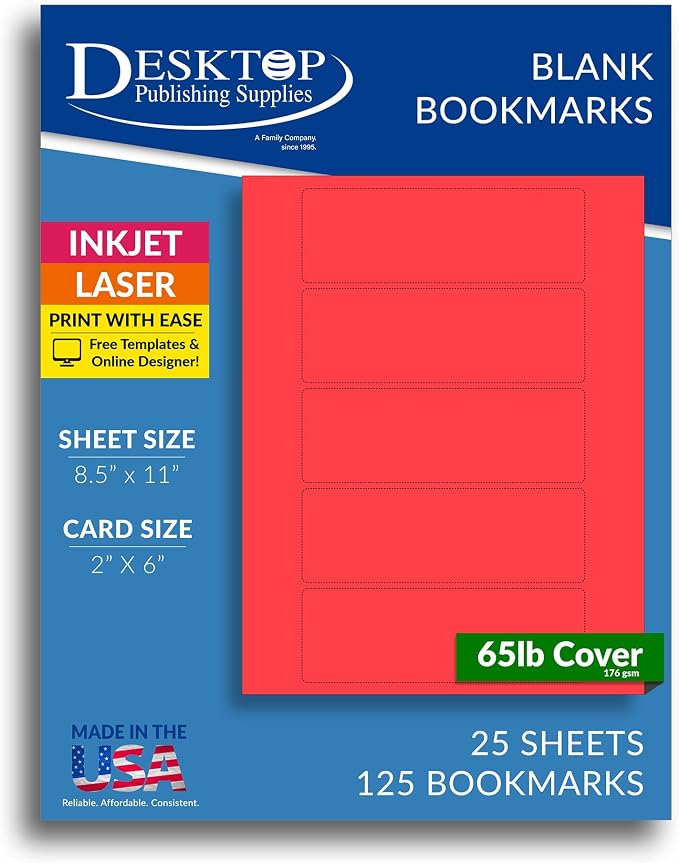 Printable Bookmarks - Blank Bookmark Printing Paper for Inkjet & Laser Printers - 2" x 6" Perforated Bookmarks 5 per Page - 25 Sheets / 125 Book Marks (Bright Red)