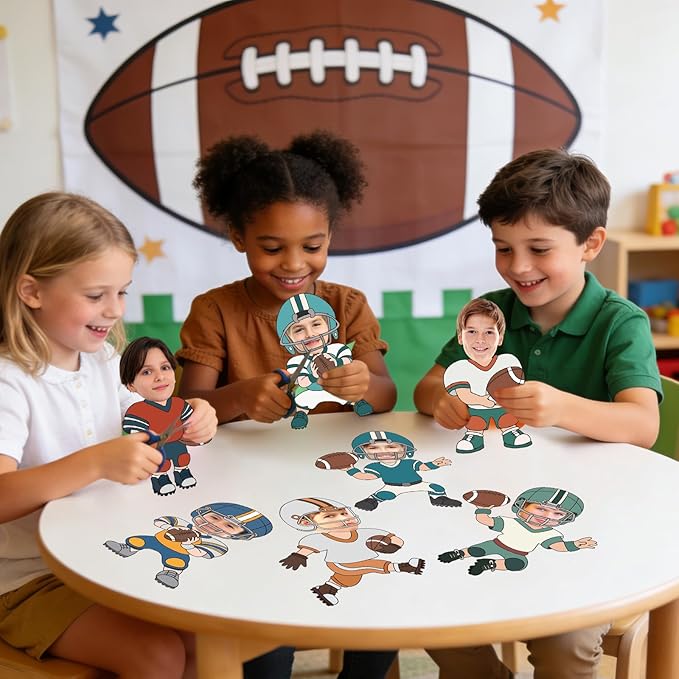 FYSUIMU 90 Pcs Football DIY Cutouts Sports Ball Cut-Outs Football Player Helmet Paper Cutting with 150 Pcs Glue Points for Crafts Birthday Party Classroom Bulletin Board Photo