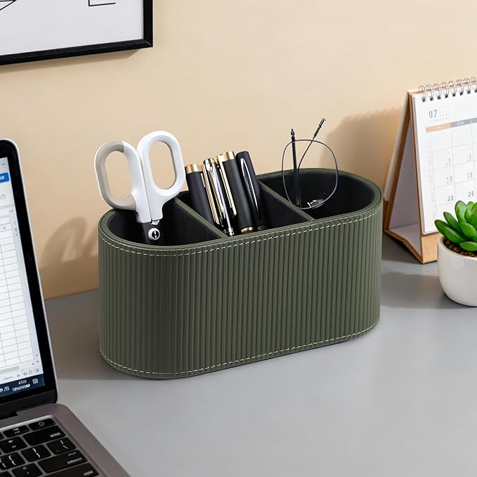 Aesthetic Remote Control Holder, PU Leather Remote Holder Desktop Organizers with 3 Compartments for Home Office Supplies and Accessories, Stylish Bedside Nightstand Organizer (Green)