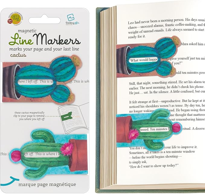 Gifts for Readers & Writers Linemarker Magnetic Bookmarks for Women & Men Cactus, Set of 2 Magnet Bookmark Clips, Magnetic Page Holder & Book Marker for Reading with Cute Bookmarks Design for Kids