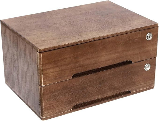 2 Drawer Small Vintage Style Wooden Storage Organizer with Lock for Accessories - Rustic Decorative Box for Office, Desktop Countertop and Incense Storage