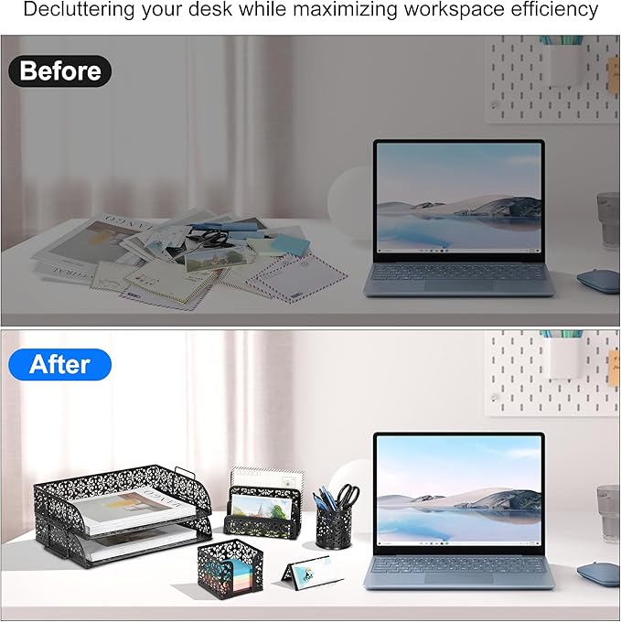 EasyPAG Desk Organizers and Accessories 5 Pieces Office Supplies Set - 2 Tier Paper Tray, Pencil Organizer for Desk, Mail Sorter Countertop, Business Card Holder and Sticky Note Holder, Black
