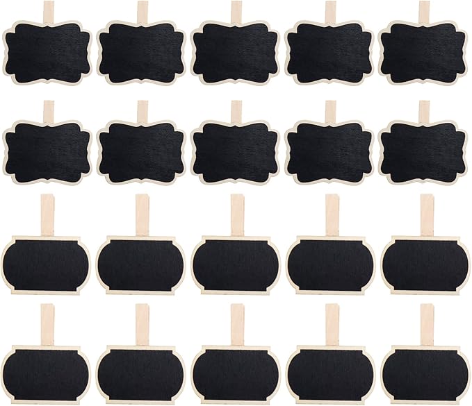 Wealrit 20 PCS Wooden Mini Chalkboard Blackboard with Clip Message Chalk Board Tag Signs Clips Basket Labels Clip for Memo,Note Taking(Flower, Lantern)