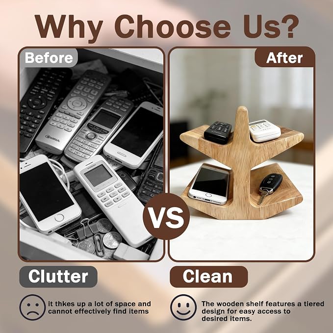 2-Tier Wooden Remote Control Holder Caddy, Decorative Desk Organizer for TV Remotes, Glasses, Office Supplies, Modern Storage Stand for Living Room, Bedroom