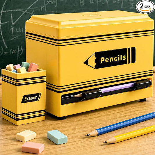 Gueevin 2pcs Pencil Dispenser for Classroom, Fun Desk Organizer with Eraser Holder, Interactive Pencil Storage for Teachers, Students & Homeschool Desk Organizer, Back to School Supplies(Yellow)