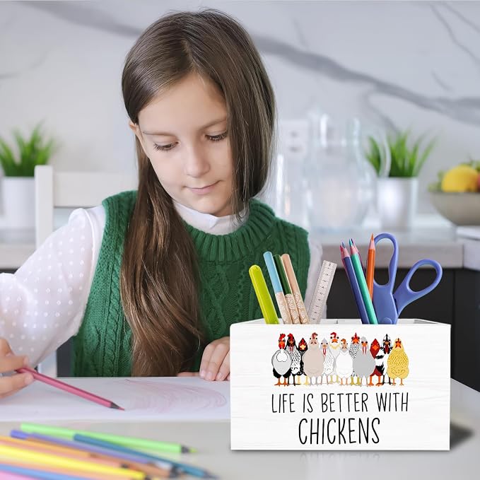 Funny Farm Chicken Pen Holder for Desk, Chicken Lover Mom Lady Gifts Pencil Organizer, Life is Better with Chickens Wooden Box Sign Desk Decor for Home Office Decoration