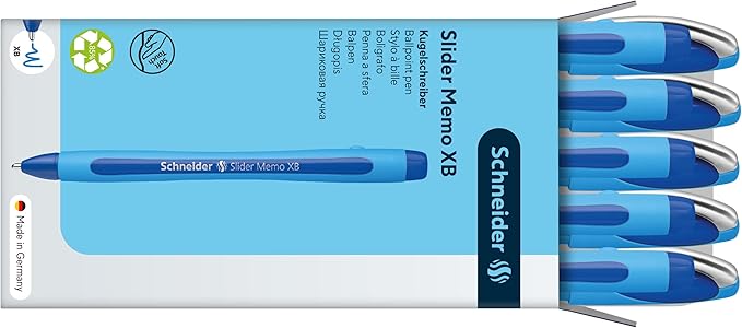 Schneider Slider Memo XB (Extra Broad) Ballpoint Pen, 1.4 mm, Light Blue Barrel, Blue Ink, Box of 10 Pens (150203)