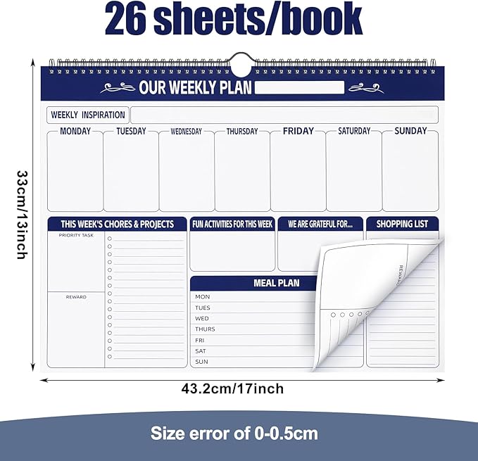 Fulmoon 2 Pcs 52 Sheets Weekly Planner 13 x 17'' Family Planner Spiral Weekly Calendar Habit Tracker Calendar Family Meal for Wall Planning Organizing Goals Tasks Chores(Classic)