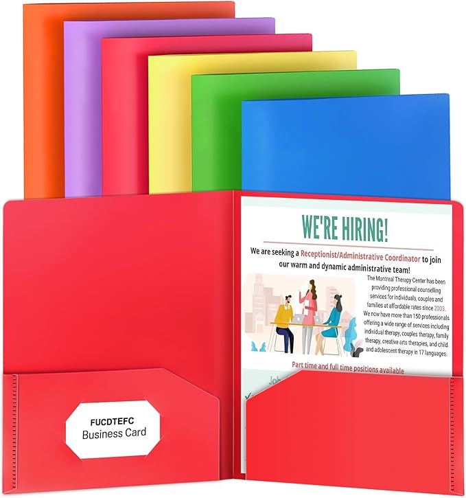 Plastic Folders with Pockets, 2 Pocket Folders Fit Letter Size Paper, Heavy Duty Paper File Folder with Business Card Holder for School Office Home Business (6 Pack, Assorted Colors)