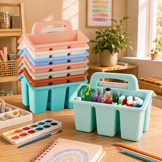8 Pack Classroom Caddy Storage Basket with Handle 4 Compartment Storage Caddy Plastic Arts Crafts Caddies Protable Classroom Craft Caddies for Kids Schools Art Craft Supplies(Boho)