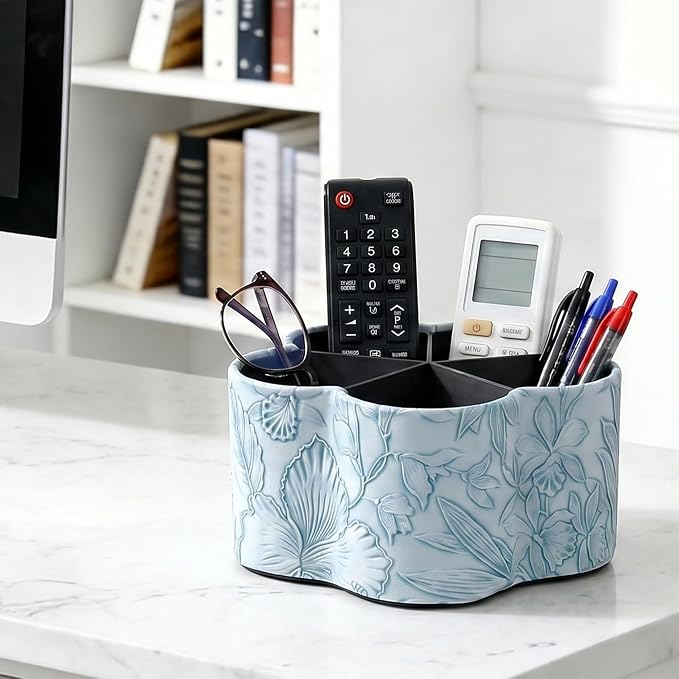 Flower Shaped Leather Art Supply Organizer,Remote Control Holder,360 Degree Spinning,Multi-Functional Pencil Holder,5 Compartments Desktop Stationary Organizer(1-Flower Blue)
