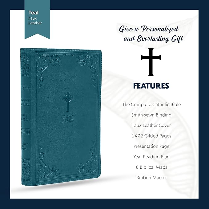 Personalized NRSV Catholic Bible Faux Leather Medium Print Size Gift Edition | Custom with Name, Date or Text | Gift for Catholic and Religious Celebrations | Teal