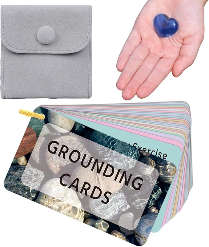 Grounding Cards & Worry Stone for Anxiety, Therapy Games for Teens & Adults, 24 Coping Skills Cards for Stress Relief, Mindfulness Tools for Trauma, PTSD, BPD, DID, Special Education School Supplies