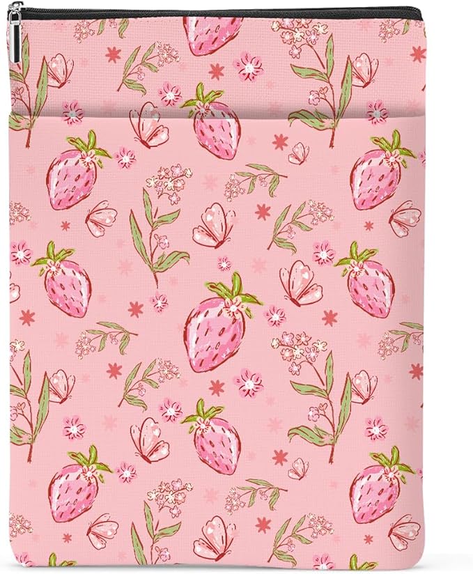 Book Sleeve Book Lovers Gifts Waterproof Books Pouch Protector Cover Gifts for Women Girls Bookworm Teacher Reader Librarian Birthday Graduation Christmas, Pink Floral Strawberry Butterfly Decor