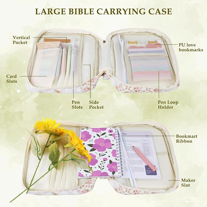 Allinside Bible Cover Case for Women - All-in-One Bible Study Kit with Accessory Pouch, 2 PU Heart Bookmarks, Waist Strap & Greeting Card | Bible Carrying Bag for Church, Prayer & Daily Devotion - Perfect Christian Gift