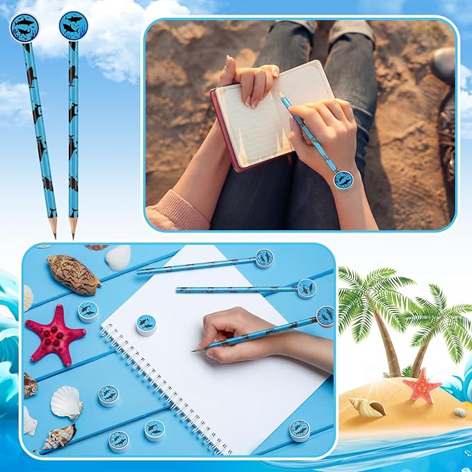 32 Pcs Summer Shark Pencil with Eraser Party Favors Gifts Shark Pen Goodie Bag Filler Under the Sea Theme Stationery Set for School Classrooms Exchange Reward Prize Home Office School Supplies