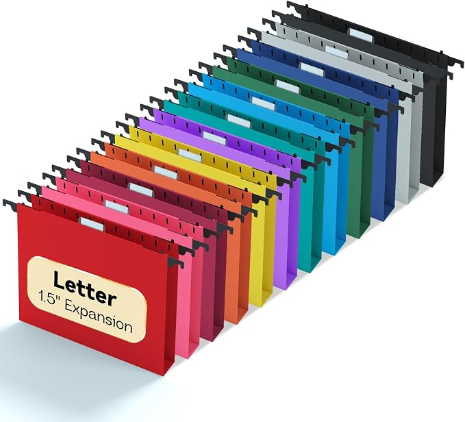 Heavy Duty Hanging File Folders Letter Size,Plastic 1.5" Expandable Filing Cabniet Folders,12 Pack Sturdy Extra Capacity File Folder Hangers with Tabs,Aesthetic Hanging File for File Frame/Box