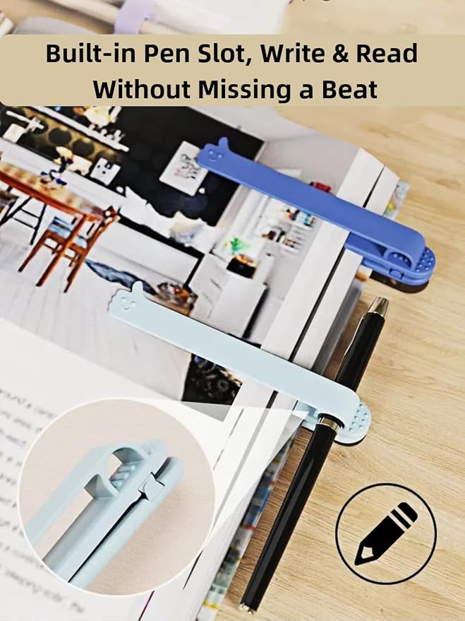 [6 Pack] Automatic Bookmark with Clip & Pen Holder Slot, Silicone Smart Bookmarks with Smiley Thumb Design, Unique Reading Accessories Gifts for Book Lovers, Women, Men, Students
