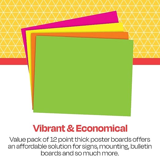 School Smart Poster Board Paper, Neon, Assorted Colors, 12 pt Thick, For Posters, Signs, Crafts, Displays, Classroom Projects, 11 x 14 Inches, 25 Pack