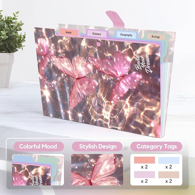 Cute Expanding File Folder - 5 Pockets Accordion Document Organizer, Waterproof Poly Plastic, A4/Letter Size for School Office Home - Butterfly Pink