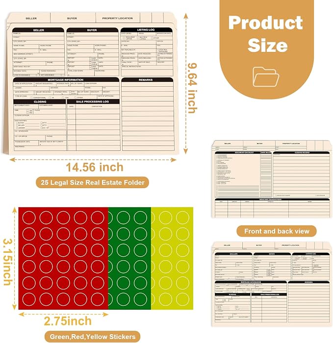 25 Sheets Legal Size Manila Real Estate Listing Folder Real Estate Transaction File Folders with Color-Coded Dots Right Panel List Estate Planning Document Folder Realtor Supplies for Organizing
