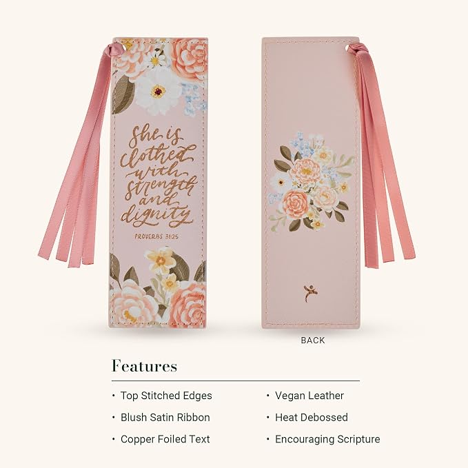 Christian Art Gifts Premium Vegan Leather Inspirational Scripture Bookmark for Women: Strength & Dignity Encouraging Bible Verse, Satin Ribbon, Reading Accessory, Books, Bibles, Pink Multicolor Floral
