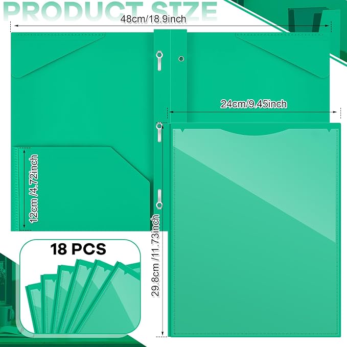 Henoyso 18 Pcs Plastic Folder with Clear Front Pocket and 3 Prong Plastic Folders with Card Slot Pocket Folders with Prongs for School Office (Green)