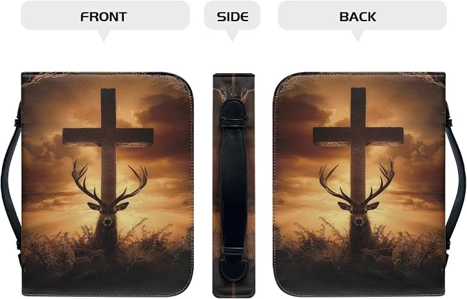 Print PU Bible Cover – Personalized Leatherette Bible Covers and Carrying Case with Handle, Men Bible Case,Deer and Cross,Medium