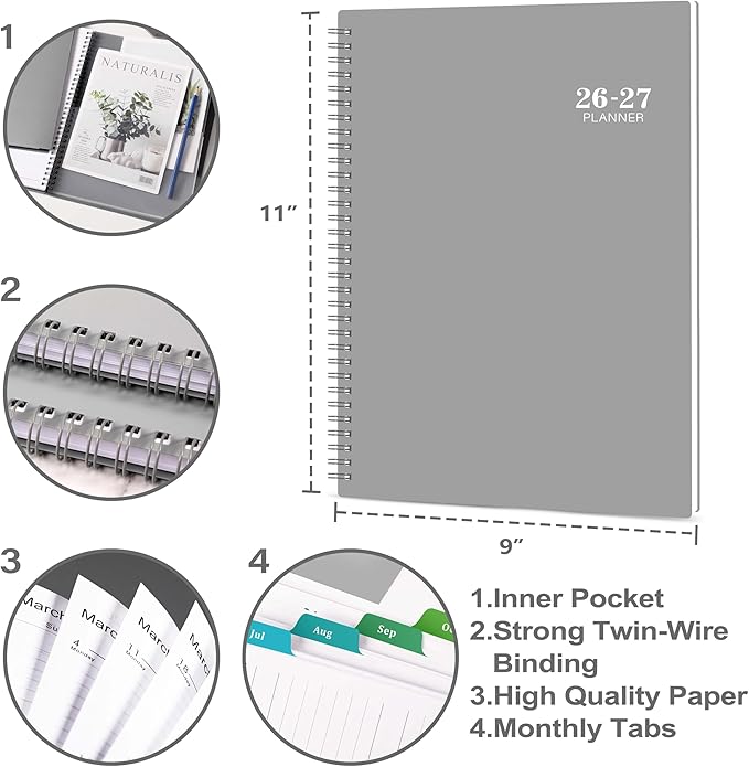 2026-2027 Planner - 2026-2027 Weekly and Monthly Planner, 9” × 11”, from JUL 2026 to JUN. 2027, Inner Pocket, Premium Paper, Twin-wire Binding, Make Life Productive - Gray