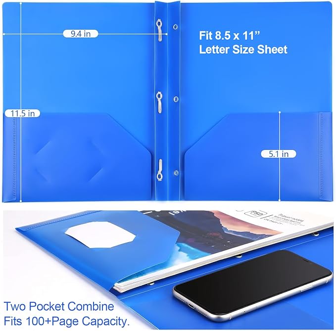 KTRIO 5 Pack Plastic Pocket Folders, 3 Prong, Letter Size, 5 Bright Colors | 3 Prong Fasteners, 2 Pocket Storage, Business Card Slot, Water-Resistant PP, School Office Use