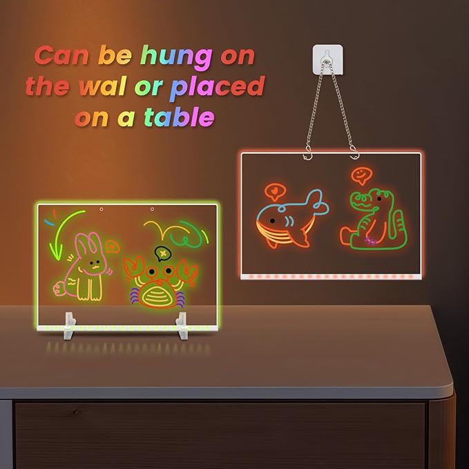 19 Highlighter,Led Note Board with Colors,13.8"X10",4 Modes & 7 Colors Lumiboard Led Drawing Board for Kids,Light Up Sign,Acrylic Dry Erase Board with Stand,Include Adapter,Hanging Chain,Spray Bottle