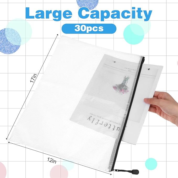 30 Pcs 17x12 Inches Clear Mesh Zipper Pouch Bags A3 Large Reusable PVC Pouches with Smooth Metal Zipper for Office Supplies, Puzzles, Board Games, Travel and Home Organization