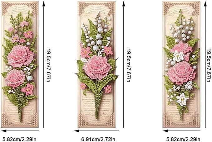 3Pcs DIY Diamond Art Painting Bookmarks with Colorful Butterfly Pendant PET Bookmark Ornament Double Sided Pattern Single Sided Diamond Book Marker Clip Gifts Tags-Pink Rose