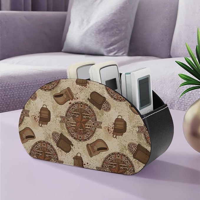 TV Remote Holder with 5 Compartments, PU Leather Desktop Organizer for Bedside Table, Office, and Living Room, Western Texas Star