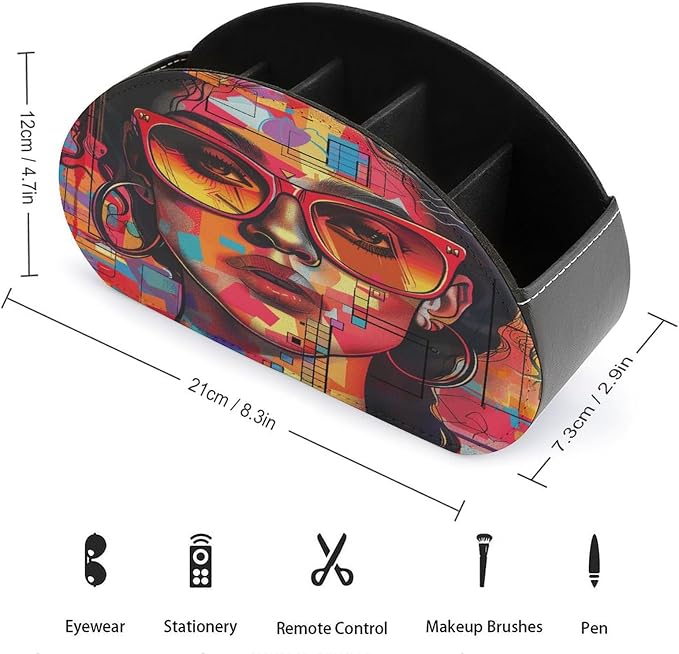 Remote Control Holder,Girl Wearing Sunglasses Printed PU Leather Remote Caddy Desktop Organizer with 5 Compartments for Media Accessories & Office Supplies Storage