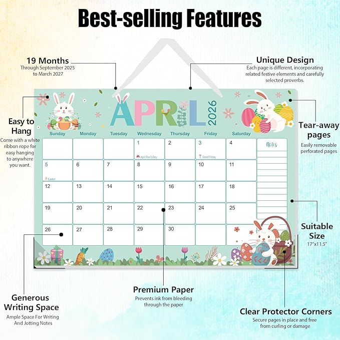 GuassLee Desk Calendar 2026 - Colorful Desk Calendar from Sep. 2025-Mar. 2027, 17 x 11.5 inches, 19 Monthly Calendar with Hanging Rope, Notes and Large Ruled Blocks for Home School Office