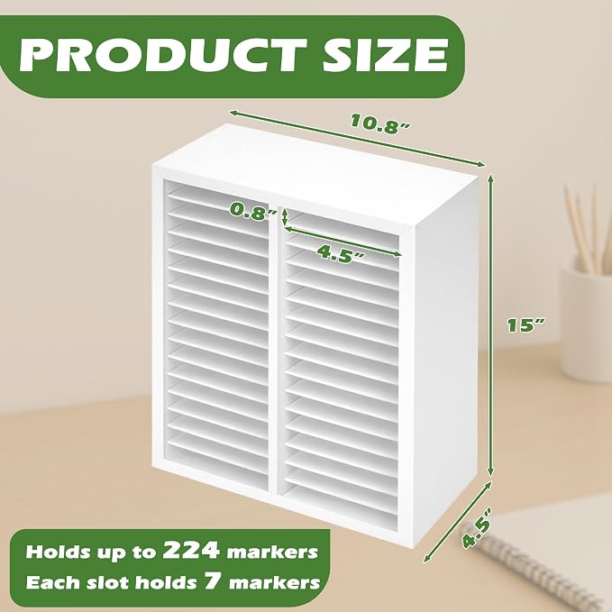 PROLEE Marker Organizer for 224 Markers,Wooden Marker Holder with 32 Slots, Pens Pencils Art Supply Alcohol Markers Storage Organizer for Desk Home Classroom Office Decor (White,15“x11”x5.2 “)