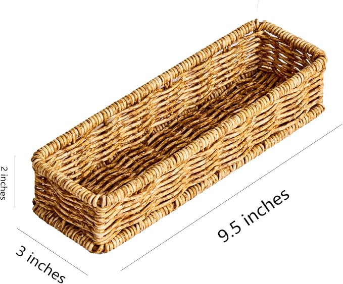 Berdeng Kitchen Drawer Organizer for Utensils, Silverware Tray Cutlery Organizer, PE Rattan Handwoven Storage Basket with Iron Frame, 2-Inch Fit for Shallow Drawers, 9.5" x 3" x 2" (Set of 4)
