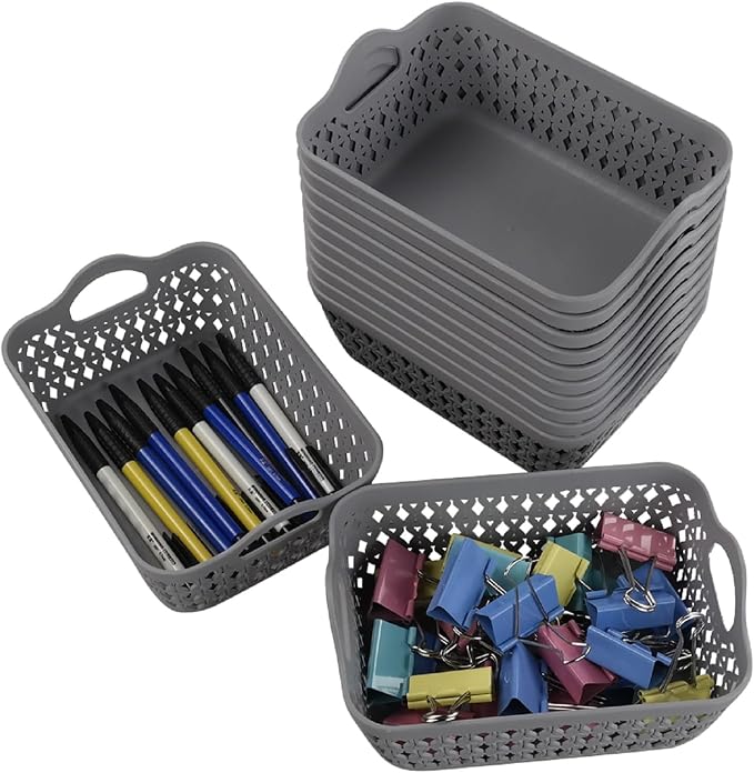 Kekow Gray Mini Plastic Storage Tray Basket with Handle, 12-Pack
