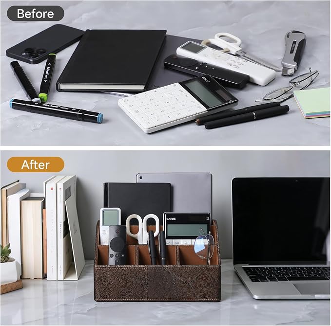 PU Leather Desktop Organizer, Home Luxury Remote Control Holder, Office Desk Accessory and Nightstand Storage Box, Vintage Style, Suitable for Living Room Tabletops (Brown Vintage)