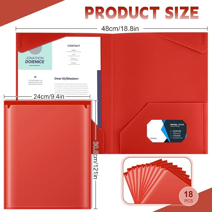 Henoyso 18 Pack Red Plastic Folders with Clear Front Pockets Heavy Duty File Folders with 2 Pockets and Card Slot for Student Communication School Office Presentation Report