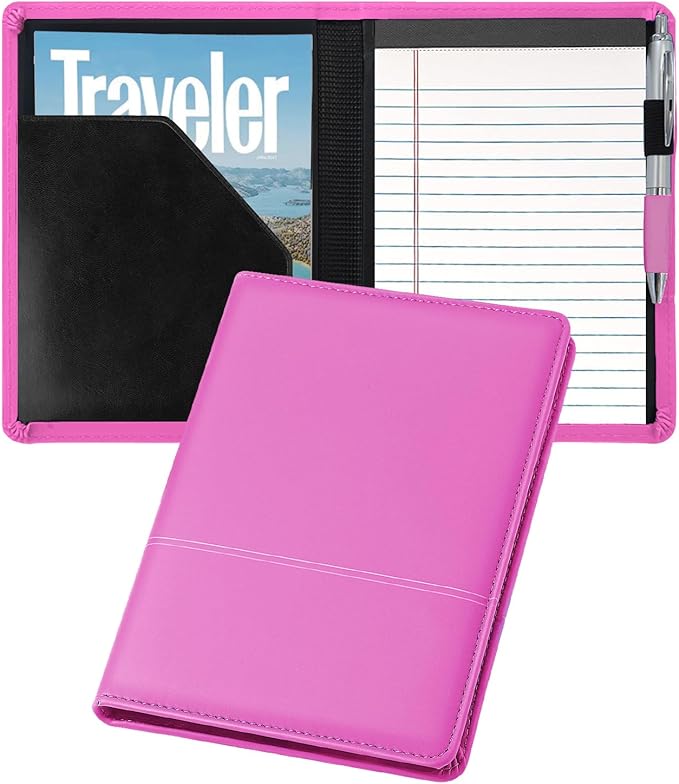 Classic Padfolio/Junior Portfolio Folder Case, Business A5 Binder Organizer Notepad for Men Women, 5 x 8 Writing Pad Included, Rose Red