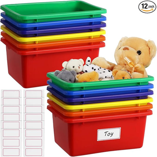 12 Pcs Plastic Cubby Bins with Labels, Plastic Storage Bins and 36 Self-Adhesive Labels, Office Storage Container Assorted Color, Stacking Home Organizer Bin, Classroom Toy Organizing Box