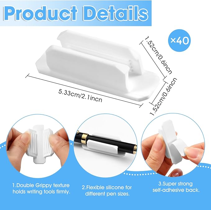 VZZNN 40 Pack Adhesive Pencil Holders for Desk - Reusable Silicone Pen Grips for Desk Organization, Wall, Clipboard, Office & Teacher Supplies with Strong Sticky Pads (White)