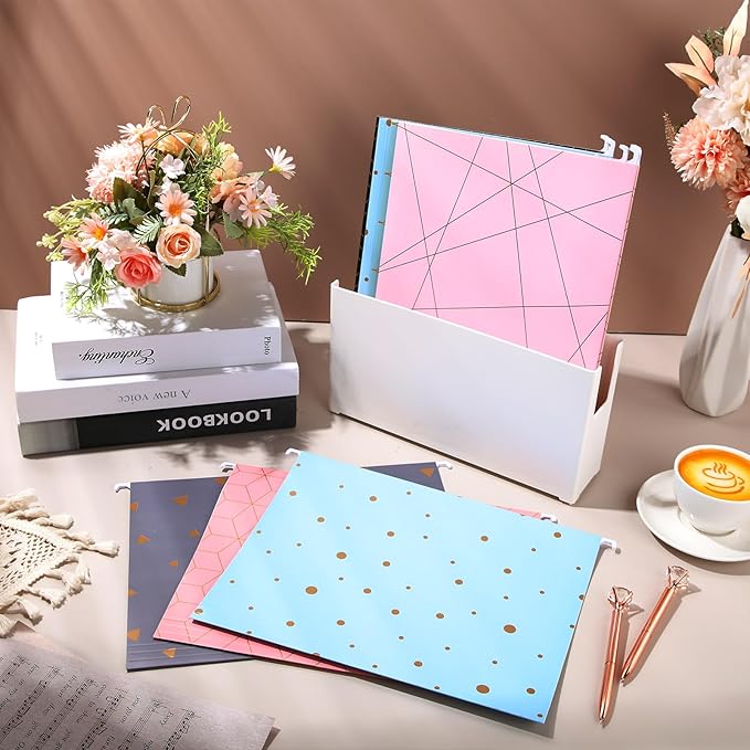 Estune 32 Pcs Geometry Decorative Hanging File Folders Letter Size Cabinet File Folders Organizers with 1/5 Cut Adjustable Tabs for Office Desk School Filing Cabinet Home