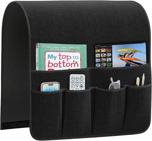 Armrest Organizer Non Slip Remote Control Holder Arm Chair Couch Caddy For Recliner Sofa Bedside With 6 Pocket Storage for Tablet Phone iPad (Black, W19 x L33)