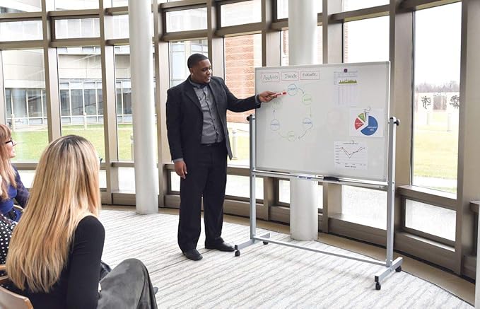 Luxor 48" W x 36" H Rolling Reversible Dry Erase Double-Sided Magnetic Whiteboard with Aluminum Frame and Marker Tray - Perfect for School, Classroom, Conference and Presentation