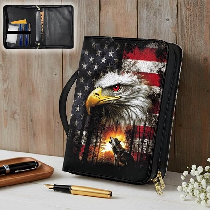 Leather Bible Covers for Men Women,Small PU Bible Bag with Bookmark Bible Case Carrying Bag Fits Book Accessory,Bald Eagle Wolf and American Flag Prints